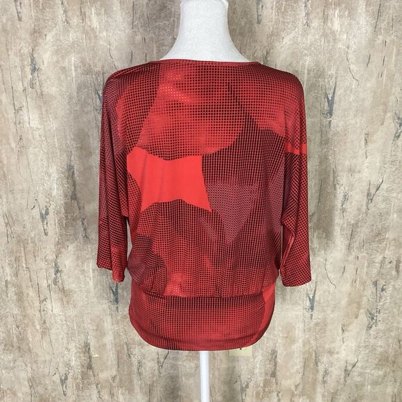 Clara Sun Woo Sz Small Dolman Sleeve Blouse Top Red Side Tie Abstract Print EUC - Picture 3 of 7